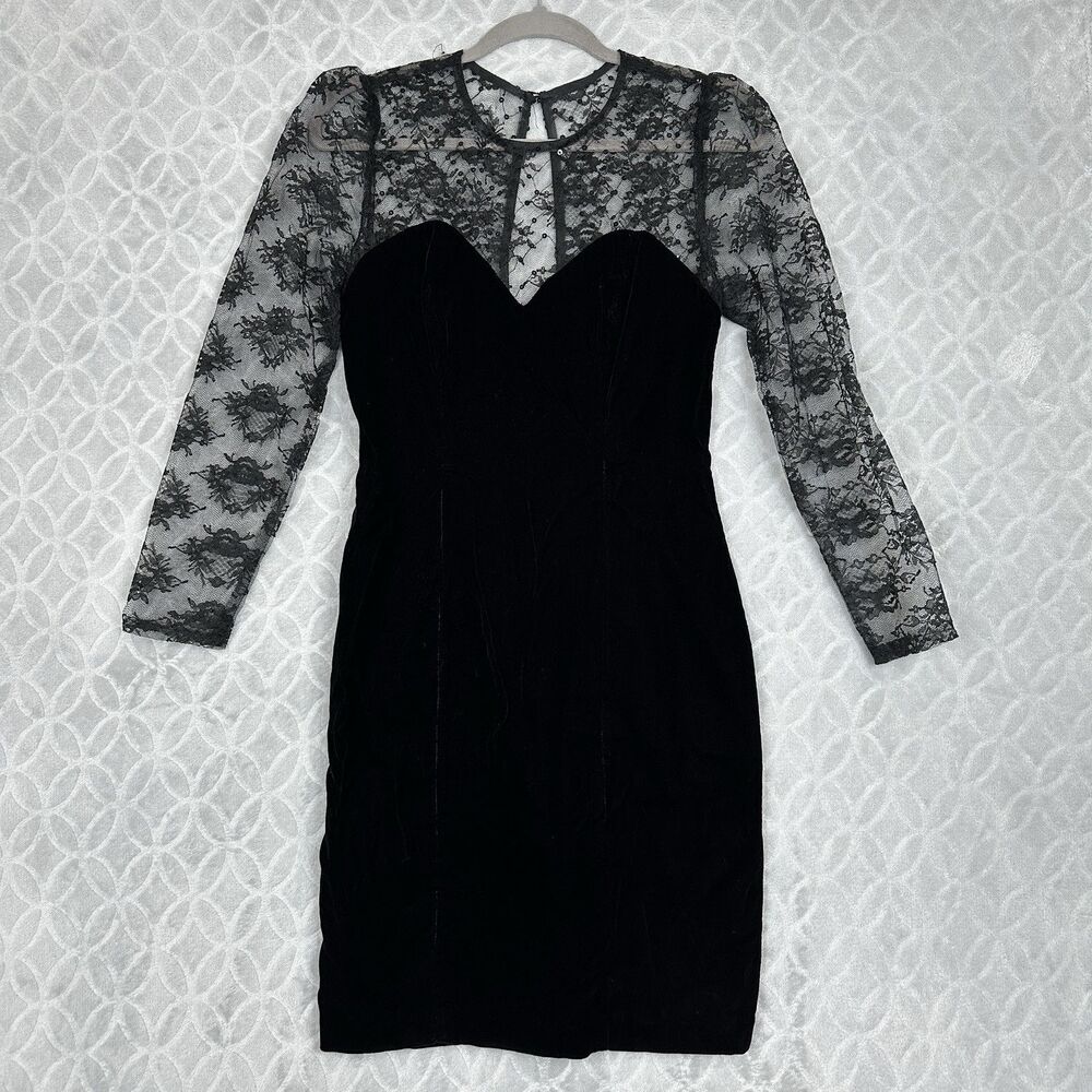 Vtg 80s Velvet Party Dress Women Small Black Lace Puff Sleeve Cocktail Sexy Goth